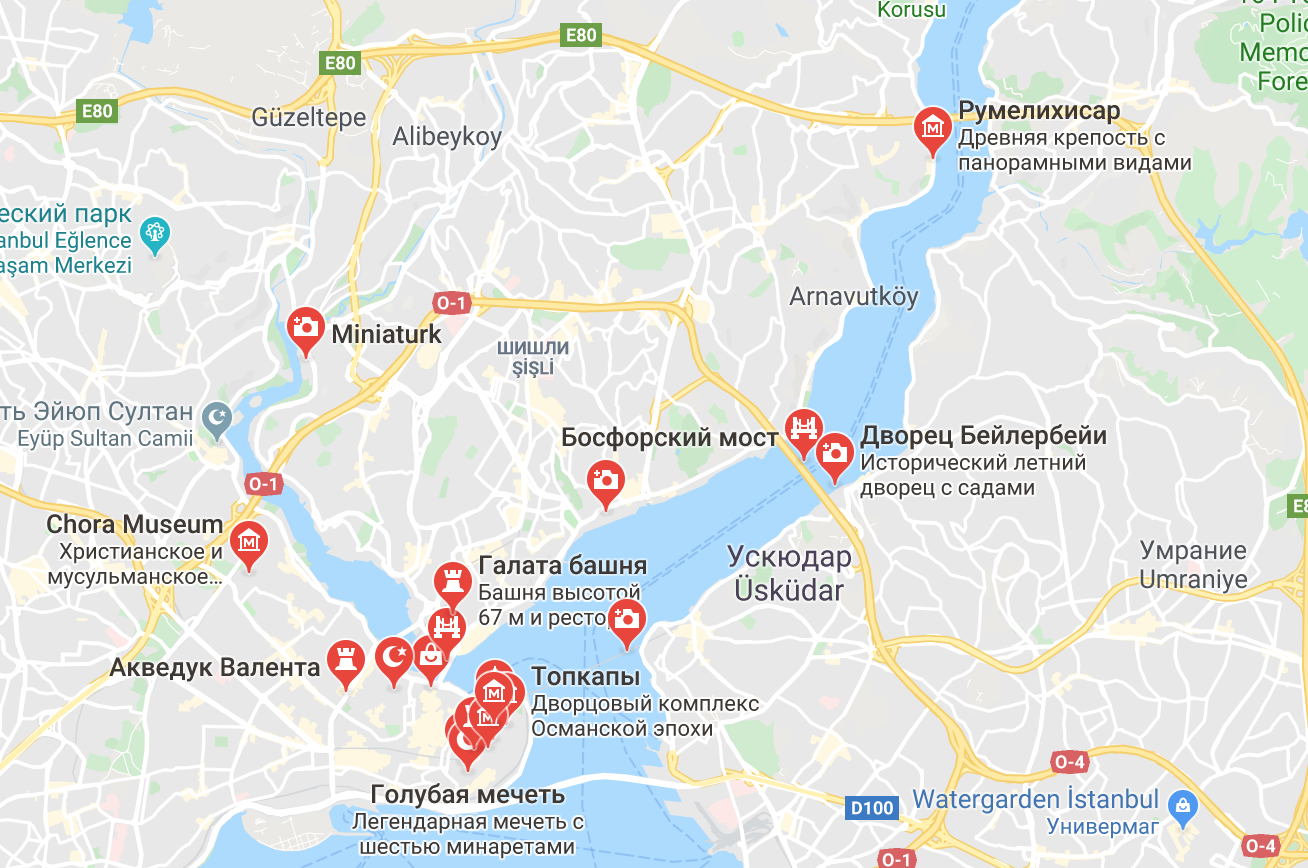 Карта с достопримечательностями Стамбула