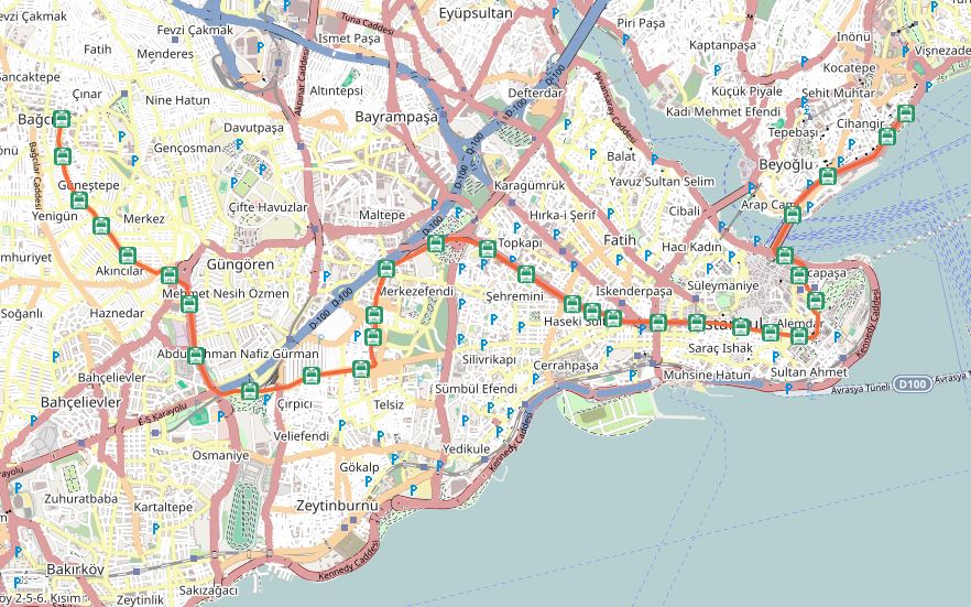 Карта маршрута трамвая Т1 в Стамбуле
